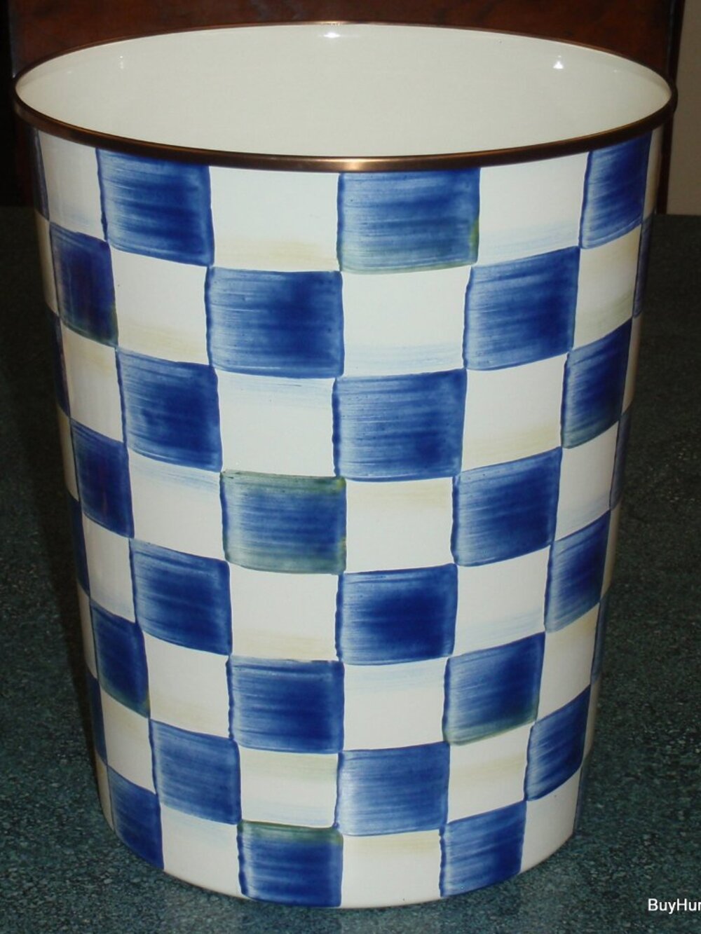 MacKenzie-Childs Royal Check Blue & White Enamel Waste Bin Trash Can 9" - RARE!